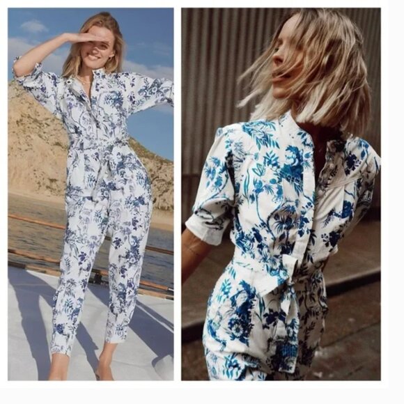 NWT ANTHROPOLOGIE Jumpsuit White Blue Floral Toile Print Lucienne Utility size 0 - Picture 1 of 12
